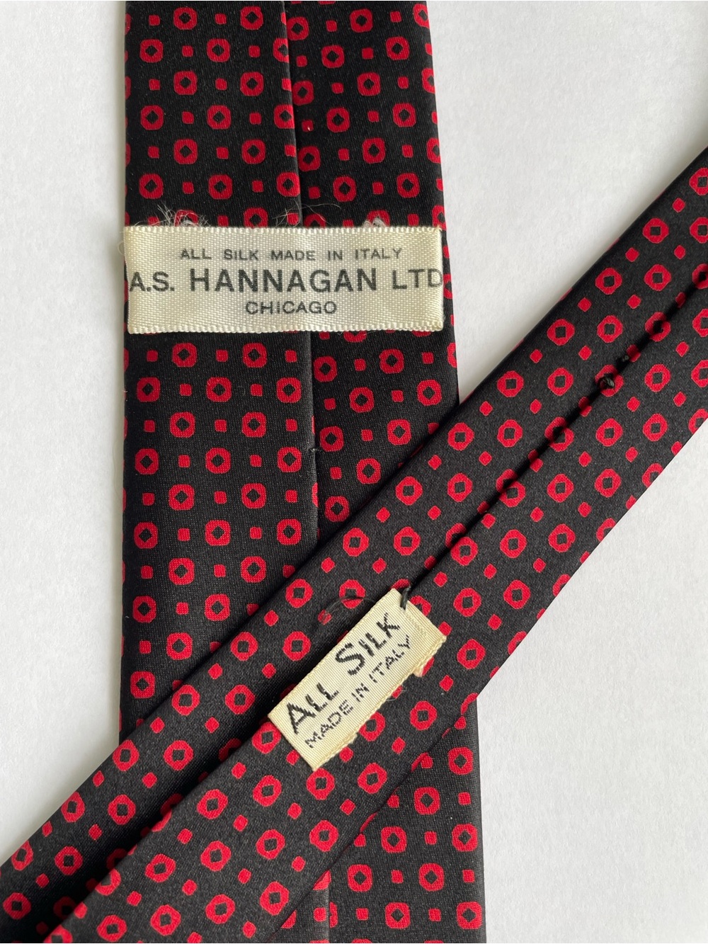 Vintage 80s Geometric Foulard Silk Tie Made in Italy A.S. Hannagan Chicago Red